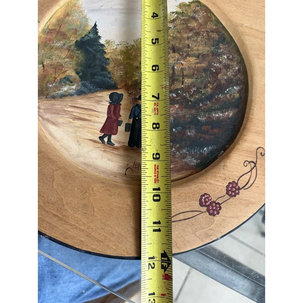 VTG Hand Painted Wooden Plate Amish Children Autumn Fall Scene Signed Sanders 94